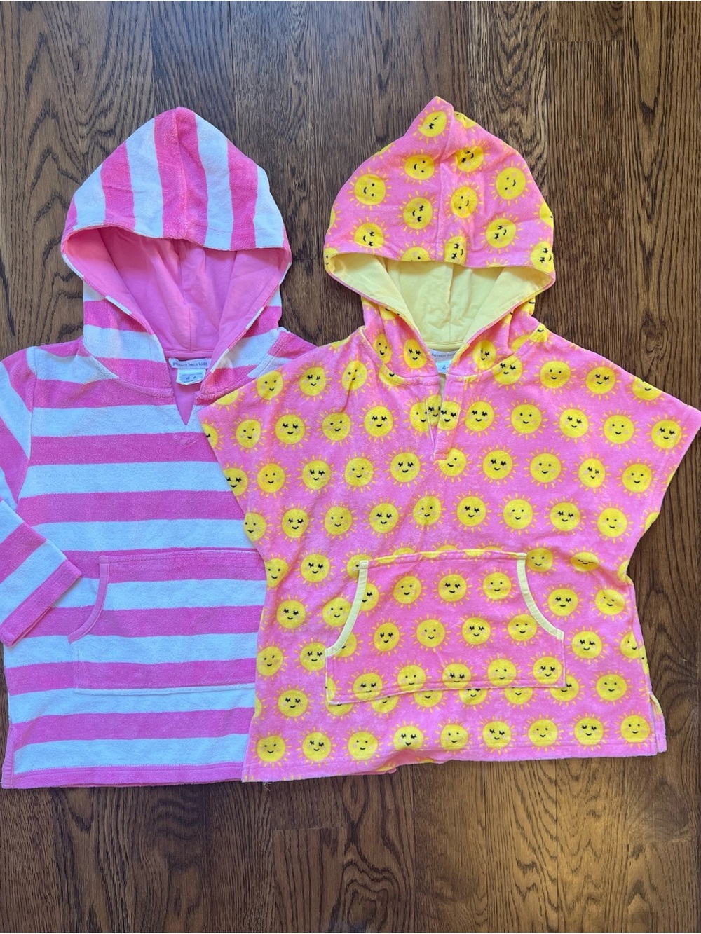 Pottery Barn Kids Hooded Poncho Towels in Pink and Yellow Sun Print